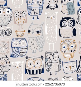 Seamless pattern with cute hand drawn colorful outlined owls and. Creative childish texture. Great for fabric, textile Vector Illustration