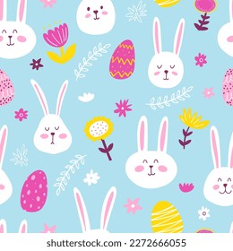 Seamless pattern with cute hand drawn bunnies and flower meadow. Vector Easter kids background with rabbits, plants and eggs for wrapping paper, textile, card, banner, wallpaper.