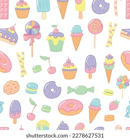 seamless pattern with cute hand drawn sweet snacks doodles on white background. Good for nursery decor, textile prints, apparel, scrapbooking, stationary, etc. EPS 10