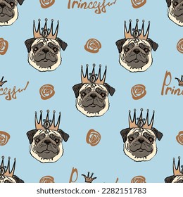 Seamless pattern with cute hand drawn pugs, crowns and roses vector dog illustration. Endless texture with funny cartoon dogs for your design. Hand drawn portrait of Pug Dog with floral. Blue