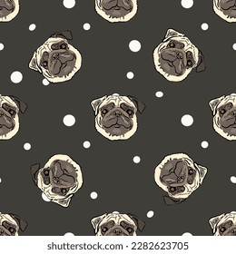 Nahtloses Muster mit süßen handgezeichneten Pugs und geometrischen Formen, Vektorhundegrafik. Endlose Textur mit lustigen Cartoon-Hunden für Ihr Design.