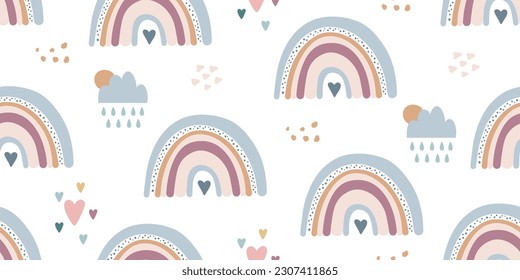 Seamless pattern with cute hand drawn rainbows, clouds and hearts. White background. Vector illustration.