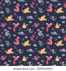 Seamless pattern with cute hand drawn dragons. Design for fabric, textile, wallpaper, packaging.