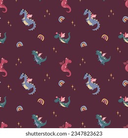 Seamless pattern with cute hand drawn dragons. Design for fabric, textile, wallpaper, packaging.