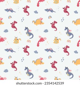 Seamless pattern with cute hand drawn dragons. Design for fabric, textile, wallpaper, packaging.	