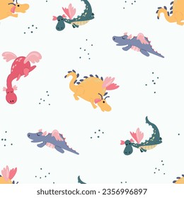 Seamless pattern with cute hand drawn dragons. Design for fabric, textile, wallpaper, packaging.	