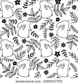 Seamless pattern with cute hand drawn black flowers, leaves and cute rabbits
