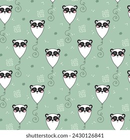 Seamless pattern with cute hand drawn panda smiling face balloons. Fun vector background for kids room decor, nursery art, apparel, gift, fabric, textile, wrapping paper, wallpaper, packaging.