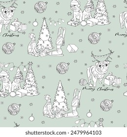 Seamless pattern with cute hand drawn pugs and geometric. Vector dog illustration new year pattern. Champagne, winter gloves, New Year's toys, ears, gift, New Year's bell for printing