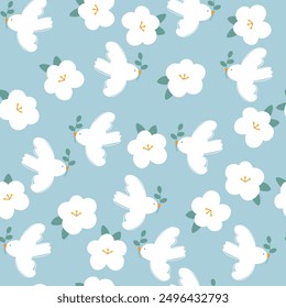 Seamless pattern with cute hand drawn doodle birds, flowers and leaves. Abstract vector texture for textile, fabric, wrapping paper. Flat style natural spring or summer background. Bright colors