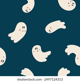 Seamless pattern of cute hand drawn cream ghosts on dark blue, navy background. Simple vector flat design.