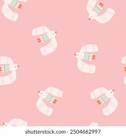 Seamless pattern with cute hand drawn birds on pink background. Vector illustration.