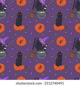 Seamless pattern with cute hand drawn Halloween witchy cats making magic potion in cauldron. Line art spooky repeat background.