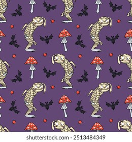 Seamless pattern with cute hand drawn Halloween mummy and poisonous mushrooms. Line art spooky repeat background.