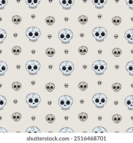 Seamless pattern with cute hand drawn Halloween skulls. Line art Day of The dead repeat background.