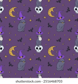 Seamless pattern with cute hand drawn Halloween witchy black cats sitting on top of skull. Line art spooky repeat background.