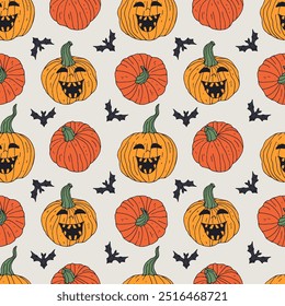 Padrão sem costura com mão bonito desenhado Halloween jack-o-lanterna abóboras. Plano de fundo de repetição assustador de arte em linha.