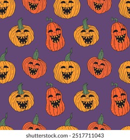 Padrão sem costura com mão bonito desenhado Halloween jack-o-lanterna abóboras. Plano de fundo de repetição assustador de arte em linha.