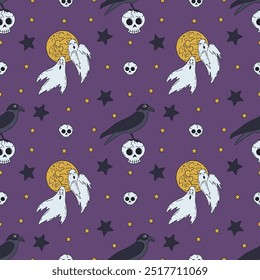 Seamless pattern with cute hand drawn Halloween ghosts. Line art spooky repeat background.