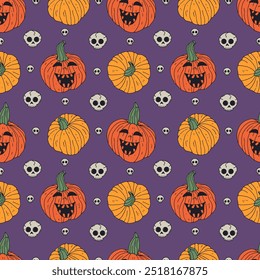 Padrão sem costura com mão bonito desenhado Halloween jack-o-lanterna abóboras. Plano de fundo de repetição assustador de arte em linha.