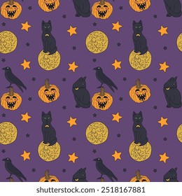 Seamless pattern with cute hand drawn Halloween witchy black cats and crows sitting on top of pumpkin. Line art spooky repeat background.