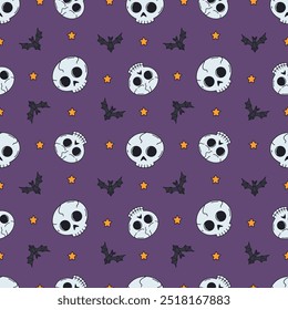 Seamless pattern with cute hand drawn Halloween skulls. Line art Day of The dead repeat background.