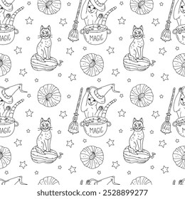 Seamless pattern with cute hand drawn Halloween witchy cats making magic potion in cauldron. Line art spooky repeat background.