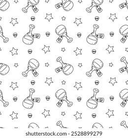 Seamless pattern with cute hand drawn Halloween magic potion jars. Line art spooky repeat background.