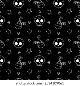 Seamless pattern with cute hand drawn Halloween skulls and magic potions. Line art spooky repeat background.