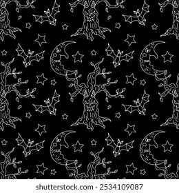 Seamless pattern with cute hand drawn Halloween evil forest trees and half moons with smile. Line art spooky repeat background.