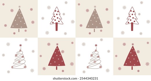 Seamless Pattern Cute Hand Drawn Christmas Tree Collage with Snowflakes