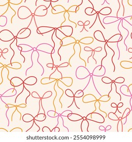 Seamless pattern with cute hand drawn colorful bow knots, gift bows in line style. Trendy modern vector background. Wedding celebration print, party decoration, birthday, wrapping paper.