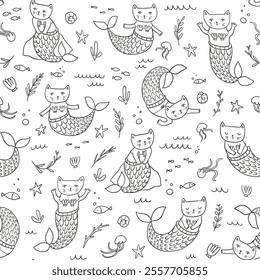 Seamless pattern with cute hand drawn cat mermaids. Vector line illustration.