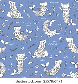 Seamless pattern with cute hand drawn cat mermaids. Vector illustration.