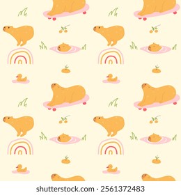 Seamless pattern with cute hand drawn capybaras