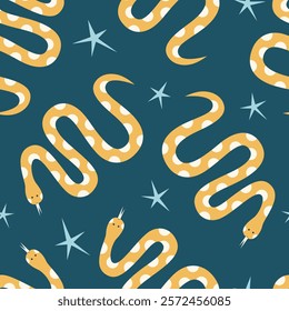 Seamless pattern with cute hand drawn snakes and stars on dark blue background. Mystic animals or Chinese New Year theme. Abstract decorative wallpaper. Vector illustration.