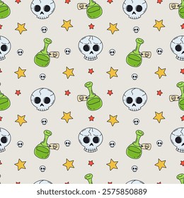 Seamless pattern with cute hand drawn Halloween skulls and magic potions. Line art spooky repeat background.