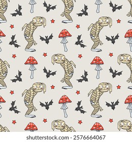 Seamless pattern with cute hand drawn Halloween mummy and poisonous mushrooms. Line art spooky repeat background.