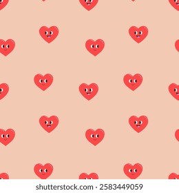 Seamless pattern with cute hand drawn smiling hearts characters. Design for Valentine's Day, kids, fabric, vector illustration	
