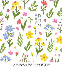 Seamless pattern with cute hand drawn flowers on a white background. Vector illustration.