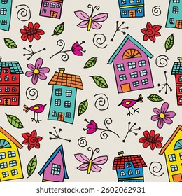 Seamless pattern with cute hand drawn houses. Vector illustration.