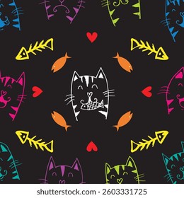 Seamless pattern with cute hand drawn cats. Vector illustration.