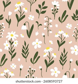 Seamless pattern with cute hand drawn flowers on a light background. Beige, green, white and yellow colors. Vector illustration.