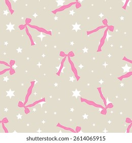 Seamless pattern with cute hand drawn fancy pink bow knots and stars. Pretty retro coquettes wallpaper. Vintage romantic repeat background for wedding, birthday or Valentines. Vector illustration