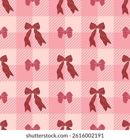 Seamless pattern with cute hand drawn fancy pink bow knots on checkered plaid background. Pretty retro coquettes wallpaper. Vintage romantic repeat background. Vector illustration
