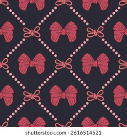 Seamless pattern with cute hand drawn fancy pink bow knots. Pretty retro coquettes wallpaper. Vintage romantic repeat background for wedding, birthday or Valentines decoration. Vector illustration