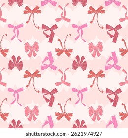 Seamless pattern with cute hand drawn fancy pink bow knots. Pretty retro coquettes wallpaper. Vintage romantic repeat background for wedding, birthday or Valentines decoration. Vector illustration