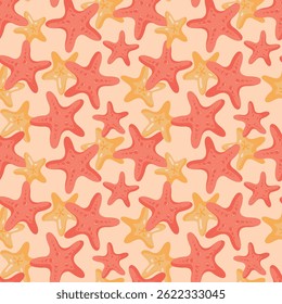 Seamless pattern with cute hand drawn starfish on soft coral background. Summer nautical design for fabric, wrapping paper, kids products, marine decor and beach-themed stationery.