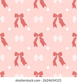 Seamless pattern with cute hand drawn fancy pink bow knots and stars. Pretty retro coquettes wallpaper. Vintage romantic repeat background for wedding, birthday or Valentines decoration.