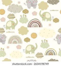 Seamless pattern with cute hand drawn elephants, rainbows, clouds and sun. Vector illustration with animals and cartoon nature.